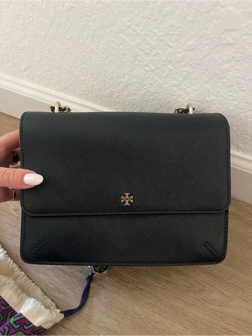Tory Burch Black Saffiano Leather Shoulder Bag with Gold Hardware